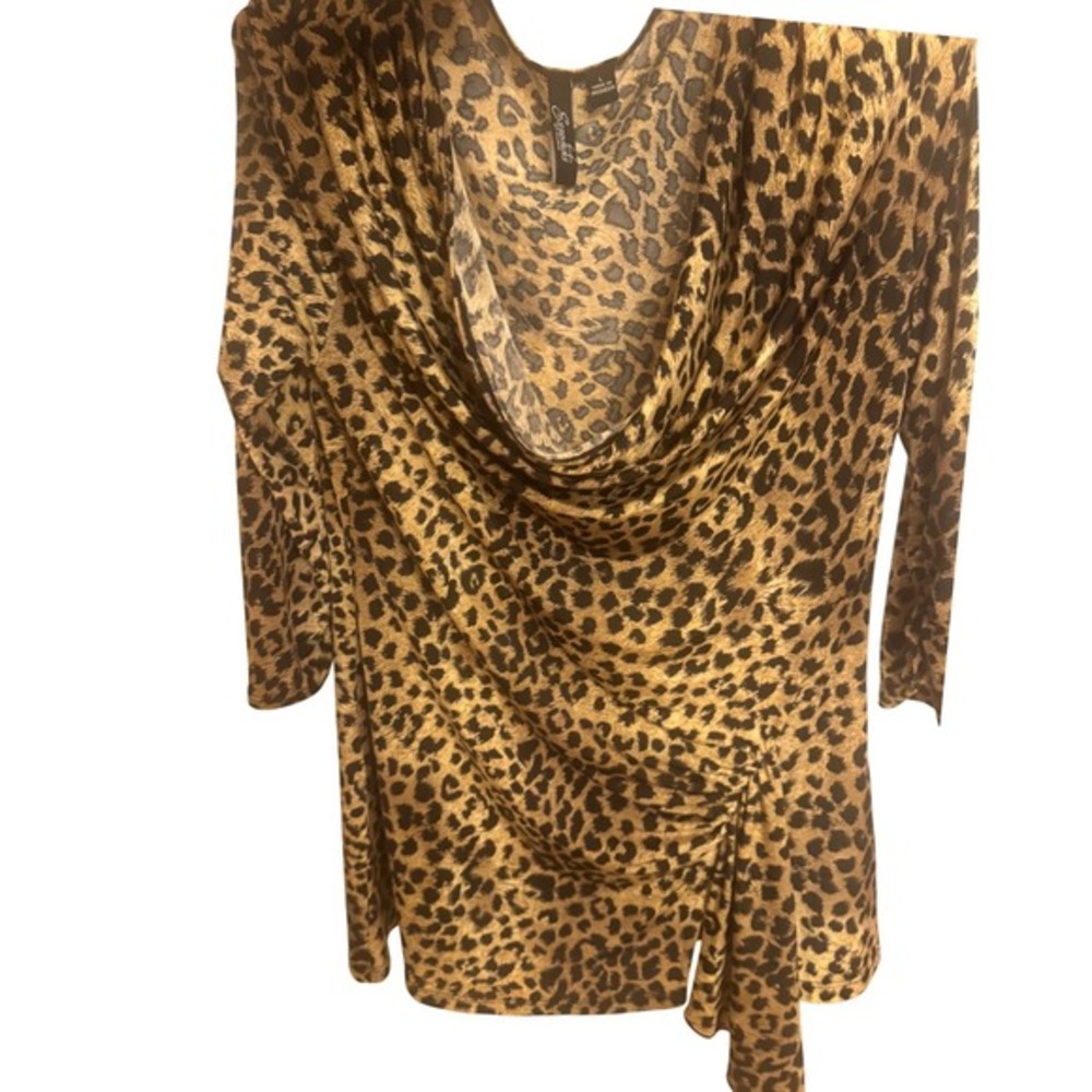 Essential by Sesto Leopard Print‎ Wrap Top Women L Brown Tan Stretch Blouse Y2K